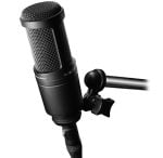 Close-up of a black studio microphone mounted on an adjustable boom arm.