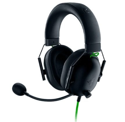 Black wired over-ear gaming headset with adjustable boom microphone and neon green cable accents