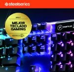 SteelSeries banner showing a glowing RGB gaming keyboard with a gold badge reading 'APEX 7 Mejor Teclado Gaming'.