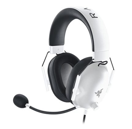 White over-ear gaming headset with black cushions and an adjustable boom microphone for communication.
