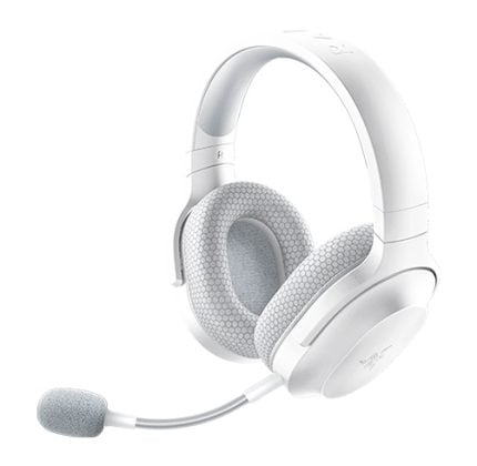 White over-ear headset with cushioned ear pads and attached boom microphone. Prevents background noise with foam mic cover on the mic.
