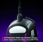 Black virtual reality headset suspended by a braided cable against a purple glow; caption promotes speed-optimized PTFE cable components and anti-tangle mesh.