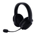 Black over-ear headset with a flexible boom microphone and cushioned ear cups.