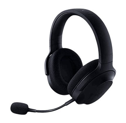 Black over-ear headset with a flexible boom microphone and cushioned ear cups.