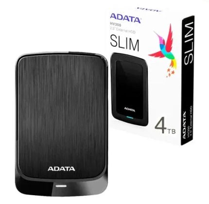 External ADATA Slim 4TB external HDD with black brushed finish and matching box showing 'SLIM' and 4TB label