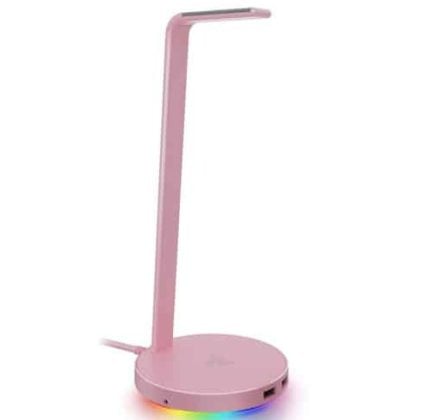 Pink LED desk lamp with a tall curved neck and round base, glowing with a rainbow light at the bottom.