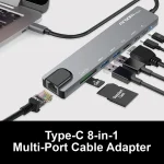 Type-C 8-in-1 multi-port USB-C hub connected to a laptop, showing USB-A ports, microSD/SD card slots, and other adapters.
