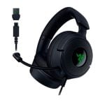 Black over-ear gaming headset with a detachable mic, wired connection, and green Razer logo; USB wireless dongle shown nearby.
