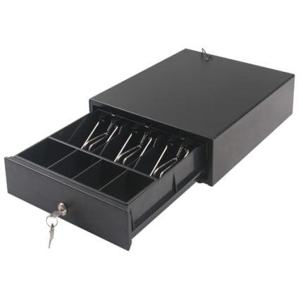 Black metal cash drawer with lock, pull-out tray, and divided compartments for coins and bills