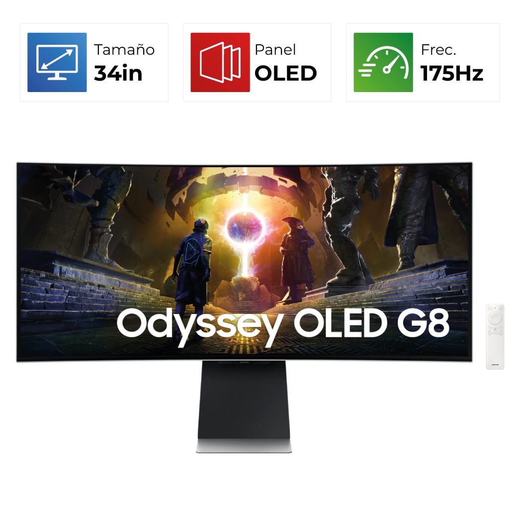 Monitor Samsung Odyssey G8 G85SD 34″ UWQHD OLED Curvo DP/HDMI/USB-A 175Hz 0.03ms Tizen Negro LS34DG856SNXZA