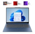Blue laptop open with Windows 11 desktop on screen; top icons indicate Ryzen 3 processor, 512 GB SSD, and 8 GB RAM