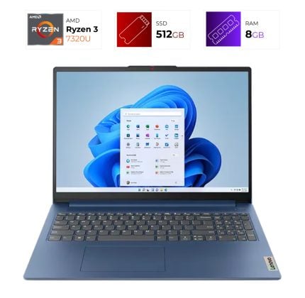 Blue laptop open with Windows 11 desktop on screen; top icons indicate Ryzen 3 processor, 512 GB SSD, and 8 GB RAM