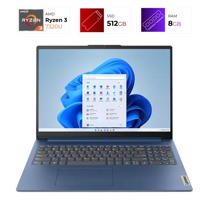 Blue laptop open with Windows 11 desktop on screen; top icons indicate Ryzen 3 processor, 512 GB SSD, and 8 GB RAM