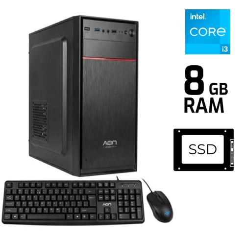 Desktop computer setup with a black mid-tower, keyboard, and mouse, plus right-side labels for 8 GB RAM, SSD, and Intel Core i3 badge.