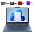 Blue Lenovo laptop open, showing Windows 11 desktop with taskbar and settings window