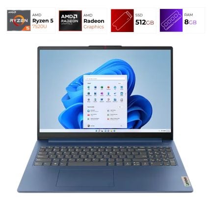 Blue Lenovo laptop open, showing Windows 11 desktop with taskbar and settings window