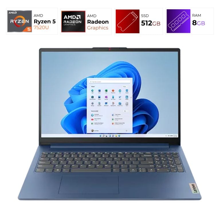 Blue Lenovo laptop open, showing Windows 11 desktop with taskbar and settings window