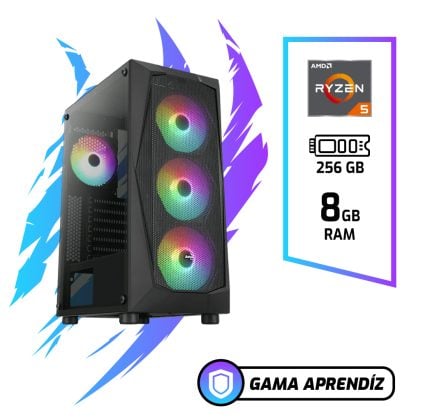 Gaming desktop tower with RGB-lit fans and a mesh front panel, plus Ryzen 5 badge, 256 GB storage and 8 GB RAM, and Gama Aprendiz logo