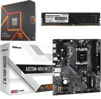 A bundle of computer components: AMD Ryzen CPU box, a DDR4 RAM DIMM, an ASRock A620M-HDV/M.2 motherboard, and an M.2 SSD package.