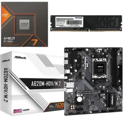 AMD Ryzen 7 CPU box, a RAM module, an ASRock A620M-HDV/M.2 motherboard, and their packaging boxes.