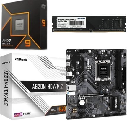 Collection of computer components: Ryzen 9 CPU box, Patriot RAM stick, ASRock A620M-HDV/M.2 motherboard and its box.