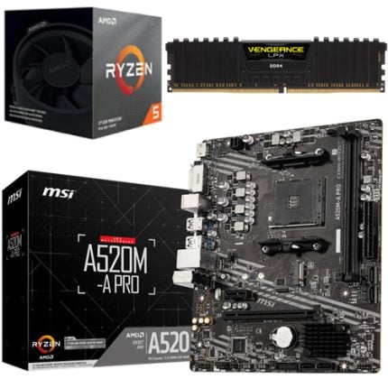Set of PC parts: AMD Ryzen 5 processor box, Corsair Vengeance LPX DDR4 RAM, and MSI A520M Pro motherboard with boxes.