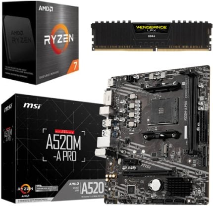 Collage of computer components: AMD Ryzen 7 processor box, Corsair Vengeance LPX DDR4 RAM module, and MSI A520M-A PRO motherboard box shown together.