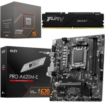 Set of computer parts: AMD Ryzen 5 CPU box, Kingston Fury DDR5 RAM, and MSI PRO A620M-E motherboard with its box.