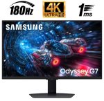 Samsung Odyssey G7 curved monitor on stand displaying a sci‑fi spaceship graphic, with 4K Ultra HD, 180 Hz and 1 ms icons above.