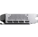 Graphics card I/O bracket showing three DisplayPort outputs and one HDMI output on a metal panel (side view).