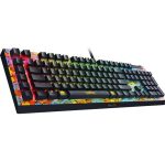 Rainbow-lit mechanical keyboard with multicolor backlighting and decorative border artwork; wired connection visible.