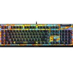 Razer gaming keyboard with a colorful Pokémon/Pikachu-inspired skin and rainbow backlit keys
