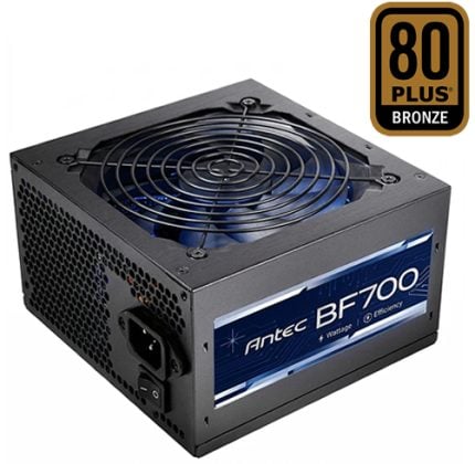 Antec BF700 700W power supply unit with a top-mounted cooling fan and blue BF700 label; 80 Plus Bronze badge in corner.