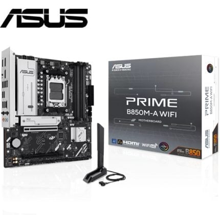 ASUS PRIME B850M-A WIFI motherboard shown with its box and two Wi‑Fi antennas.