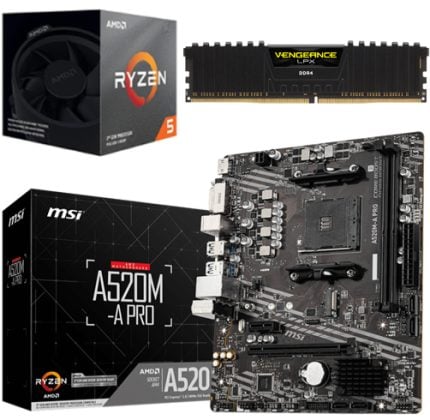 Collage of computer components: AMD Ryzen 5 CPU box, Corsair Vengeance LPX DDR4 RAM, and MSI A520M-A PRO motherboard.