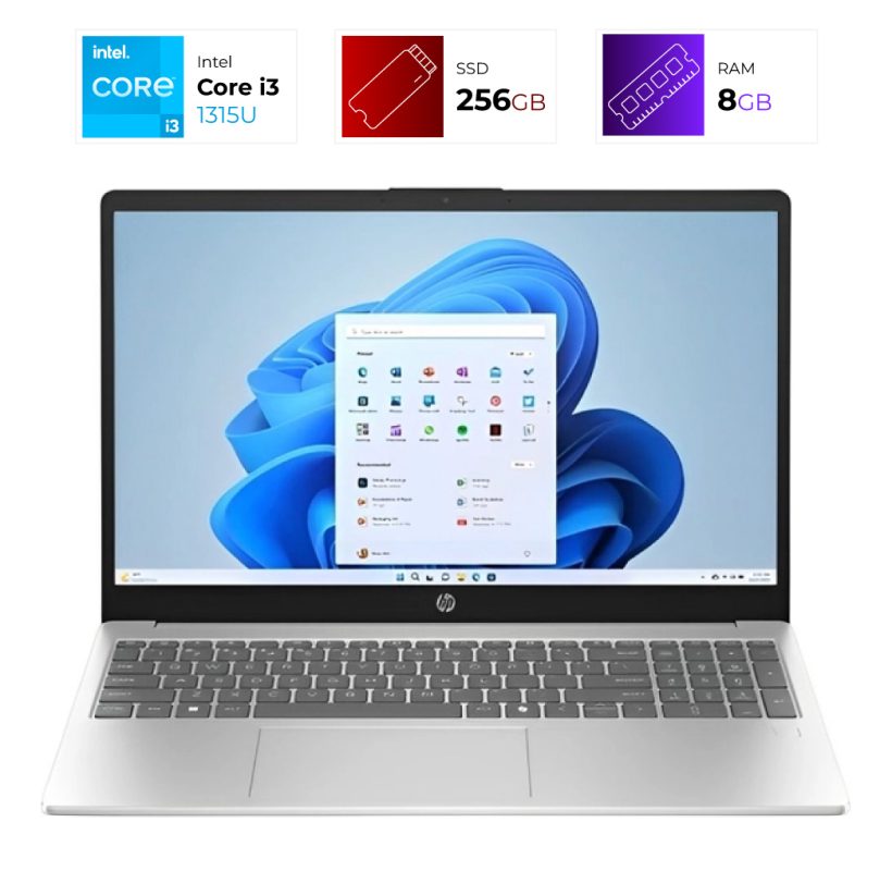 HP laptop open with Windows desktop; Core i3, 256GB SSD, 8GB RAM shown on screen badges.