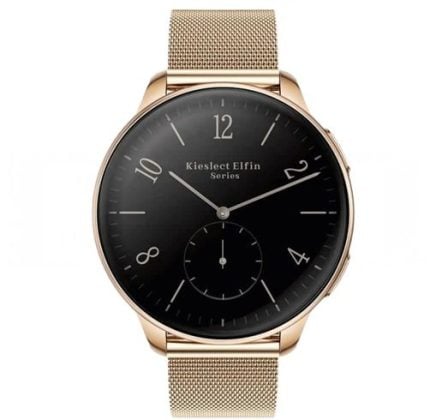 Gold-toned Kieslect Elfin Series wristwatch with a black dial and mesh band.