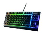 RGB-backlit wired mechanical keyboard (SteelSeries) angled view with rainbow lighting across keys