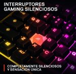 Teclado mecánico para gaming con iluminación RGB/neón; promueve interruptores silenciosos y sensación única.