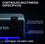 Primer plano de un reproductor multimedia con perilla de volumen y botones; texto en español describe subir/bajar volumen y reproducir/pausar
