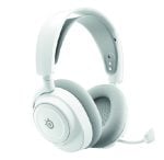 White over-ear headset with padded ears and a boom mic on the right side, shown from a slightly angled view.