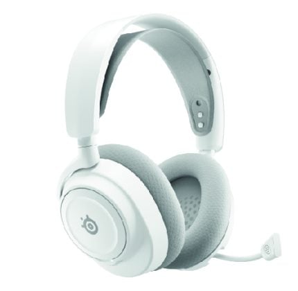 White over-ear headset with padded ears and a boom mic on the right side, shown from a slightly angled view.