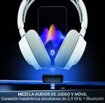 Over-ear headphones connected via Bluetooth to a smartphone, illustrating wireless game-and-mobile audio mixing.