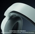 Close-up of white over-ear headphones highlighting premium construction with a steel frame, soft cushions, and durable comfort.