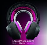 Over-ear headphones in black, white, and magenta on a purple gradient, indicating three color options available.
