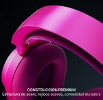 Pink over-ear headphones with cushioned ear pads and a premium steel structure for lasting comfort. (informative)