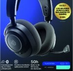 Close-up of a black wireless gaming headset with blue lighting, a yellow badge, and PlayStation label; highlights 50h battery and features icons.