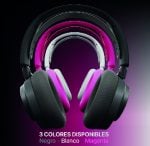 Over-ear headphones shown in black, white, and magenta against a purple gradient, with caption '3 COLORES DISPONIBLES Negro, Blanco, Magenta'