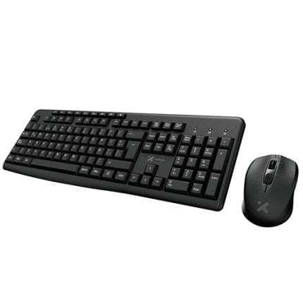Wireless keyboard and mouse set with black keyboard and matching mouse on white background.
