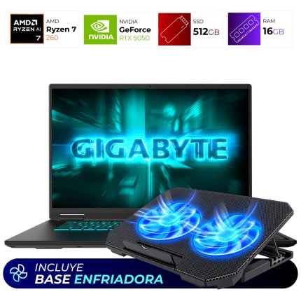 Gaming laptop with a dual‑fan cooling pad showing blue fans; banner reads 'Incluye Base Enfriadora'.